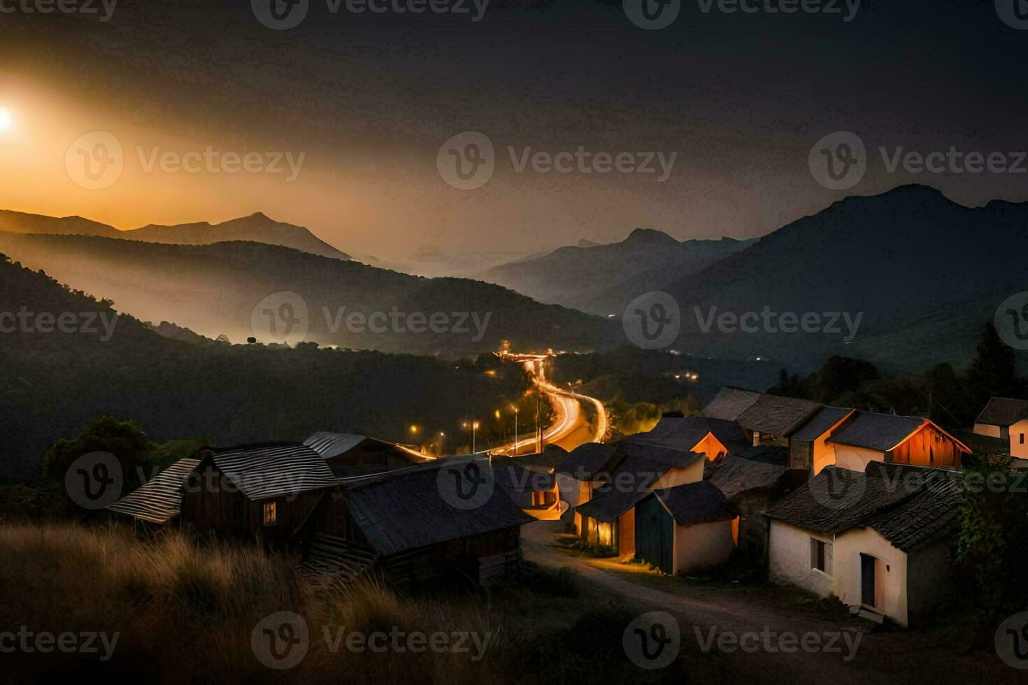 a village at sunset with the sun setting behind it. AI-Generated photo