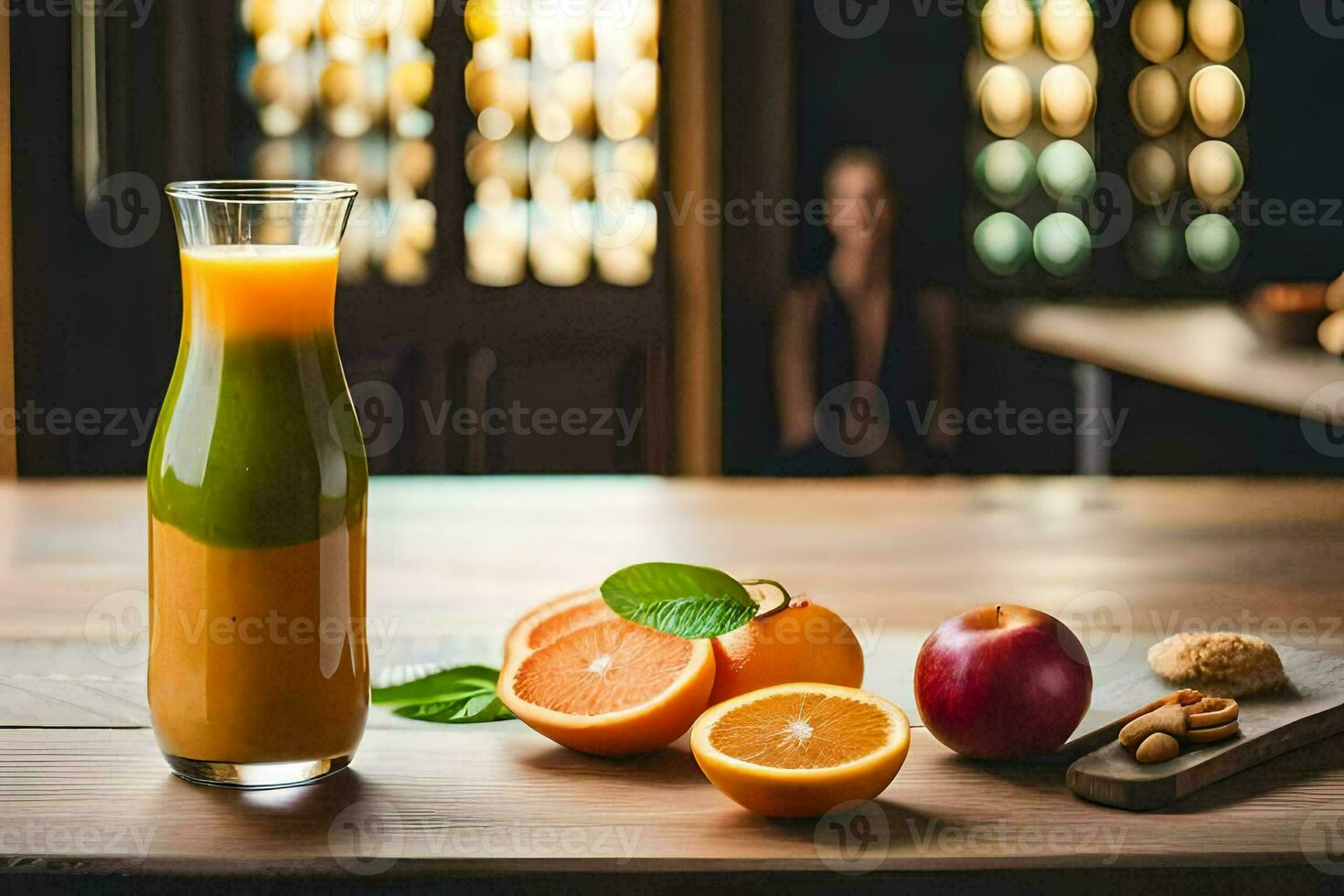 a glass of orange juice with an orange and some nuts. AI-Generated photo