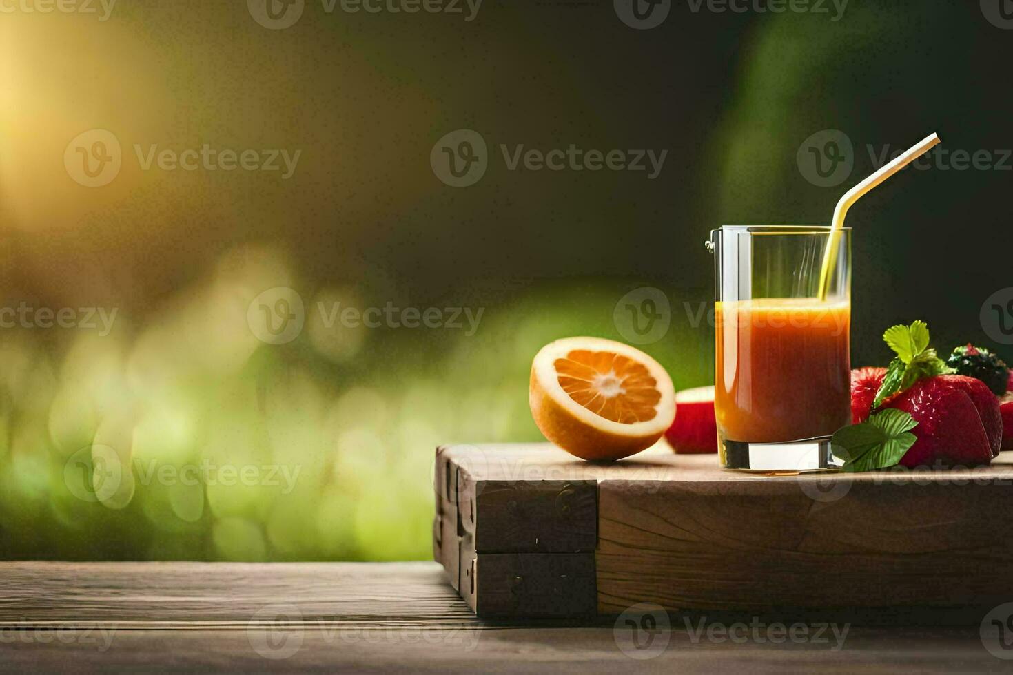 un vaso de jugo con fresas y naranjas en un de madera mesa. generado por ai foto