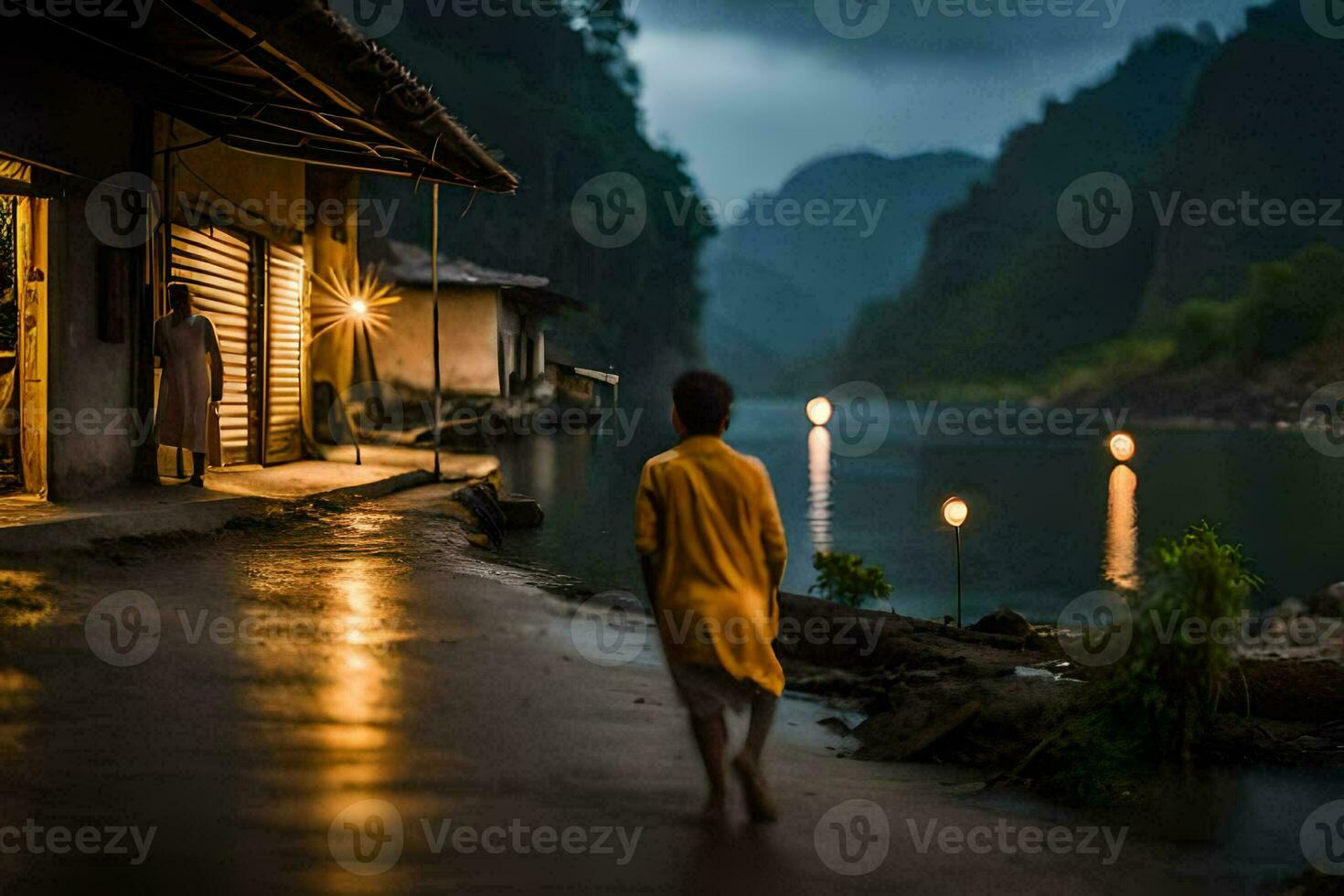 a boy walking down a street in the rain. AI-Generated photo