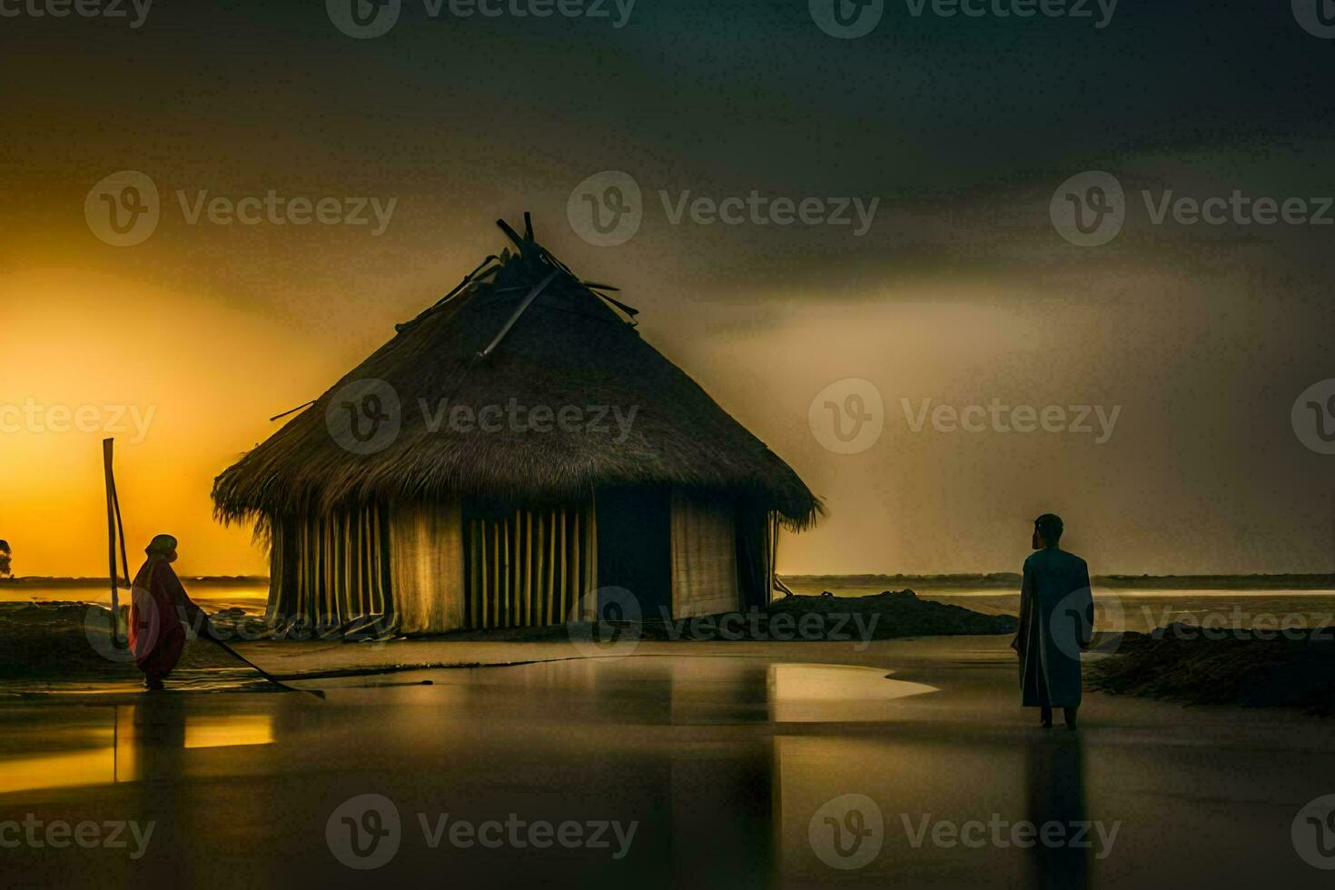 two people stand in front of a hut in the water. AI-Generated photo