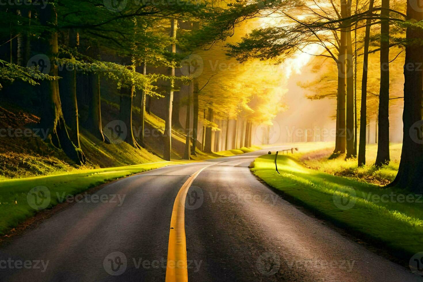 a road in the woods with trees and sun shining. AI-Generated photo