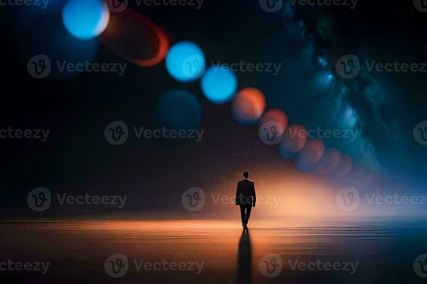 a man standing in front of a colorful light show. AI-Generated photo