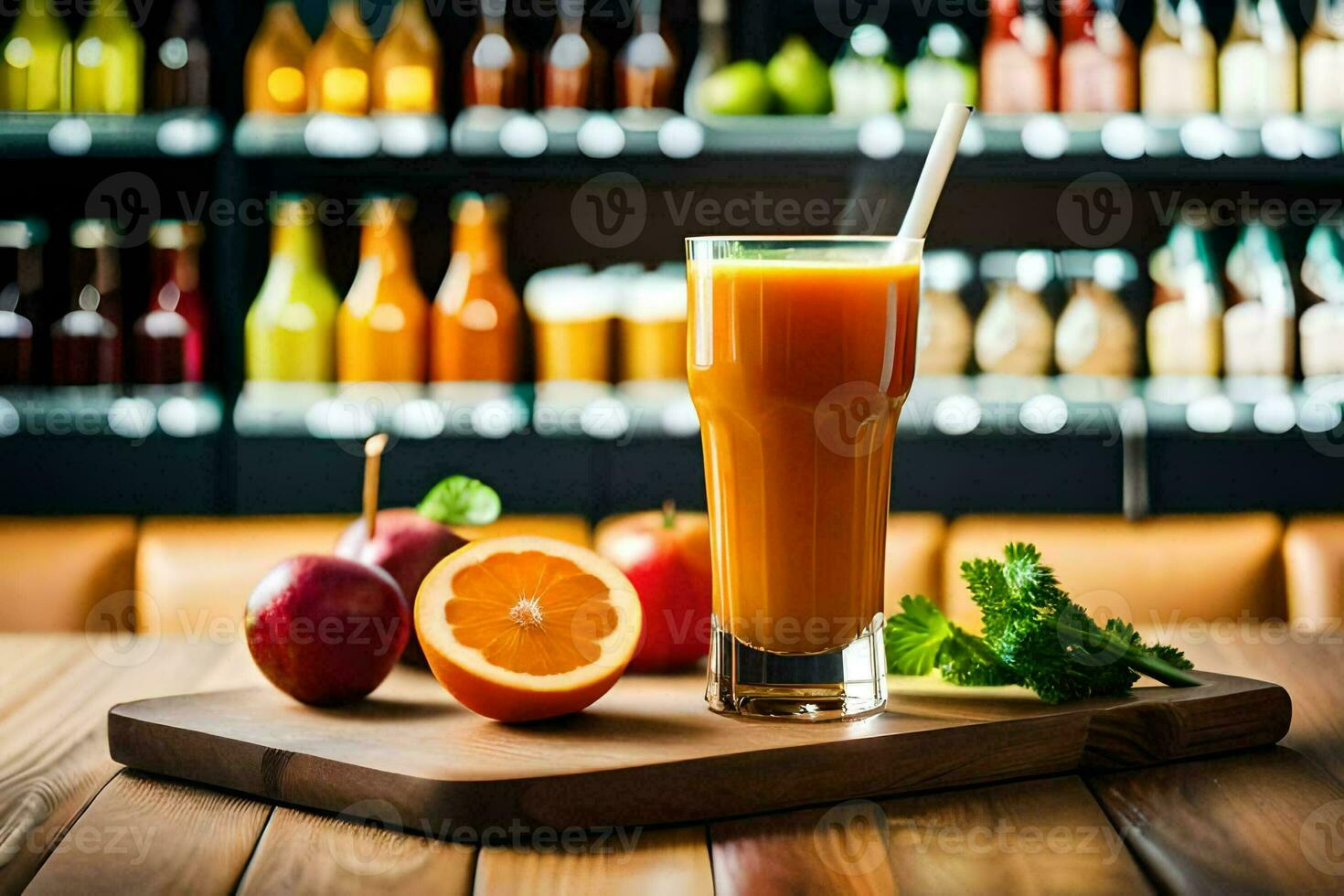 a glass of orange juice on a wooden table. AI-Generated photo