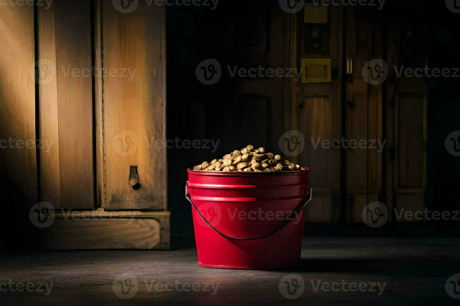 a red bucket filled with peanuts sits on a dark floor. AI-Generated photo