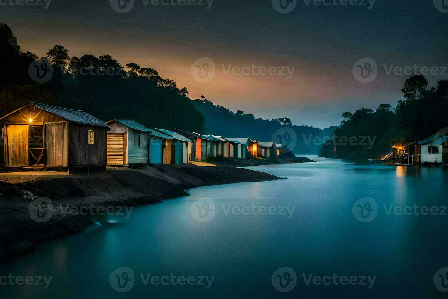 a river at night with several small houses. AI-Generated photo