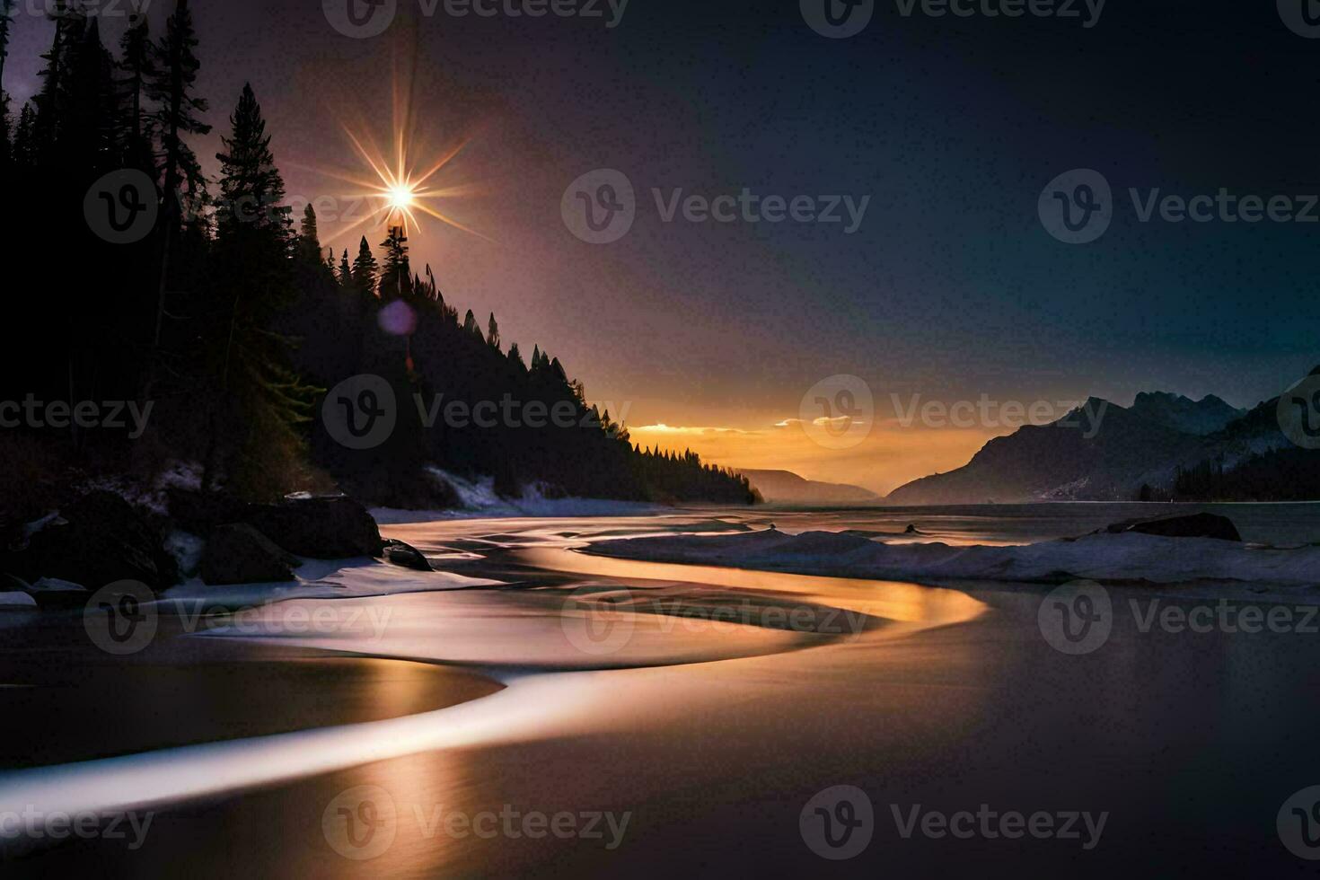 a river flows through a snowy landscape at sunset. AI-Generated photo