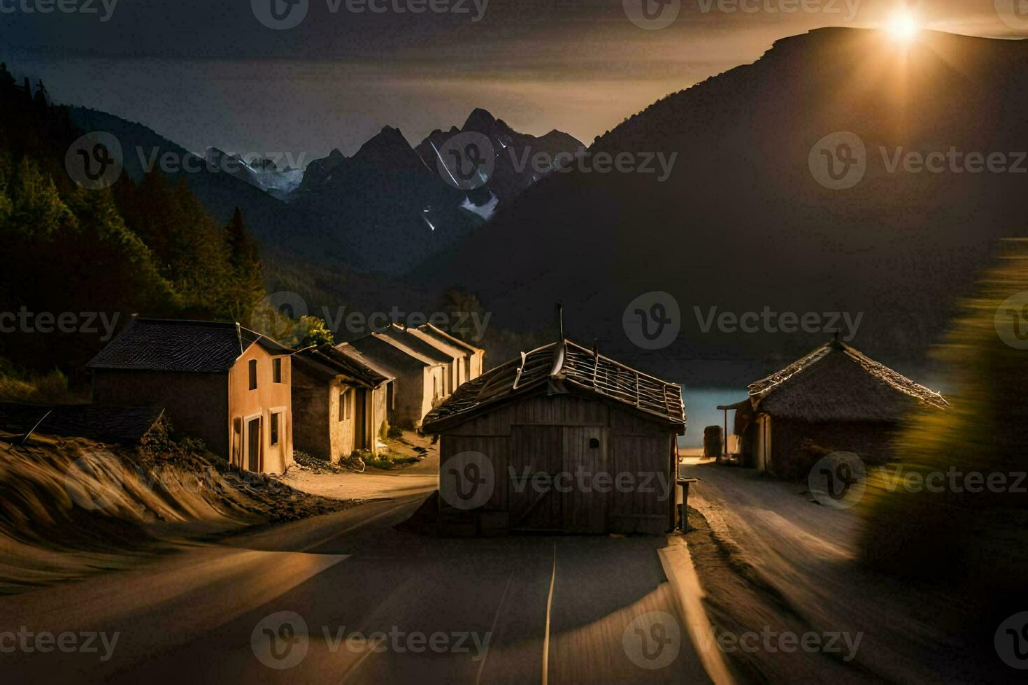 a road with houses and mountains in the background. AI-Generated photo