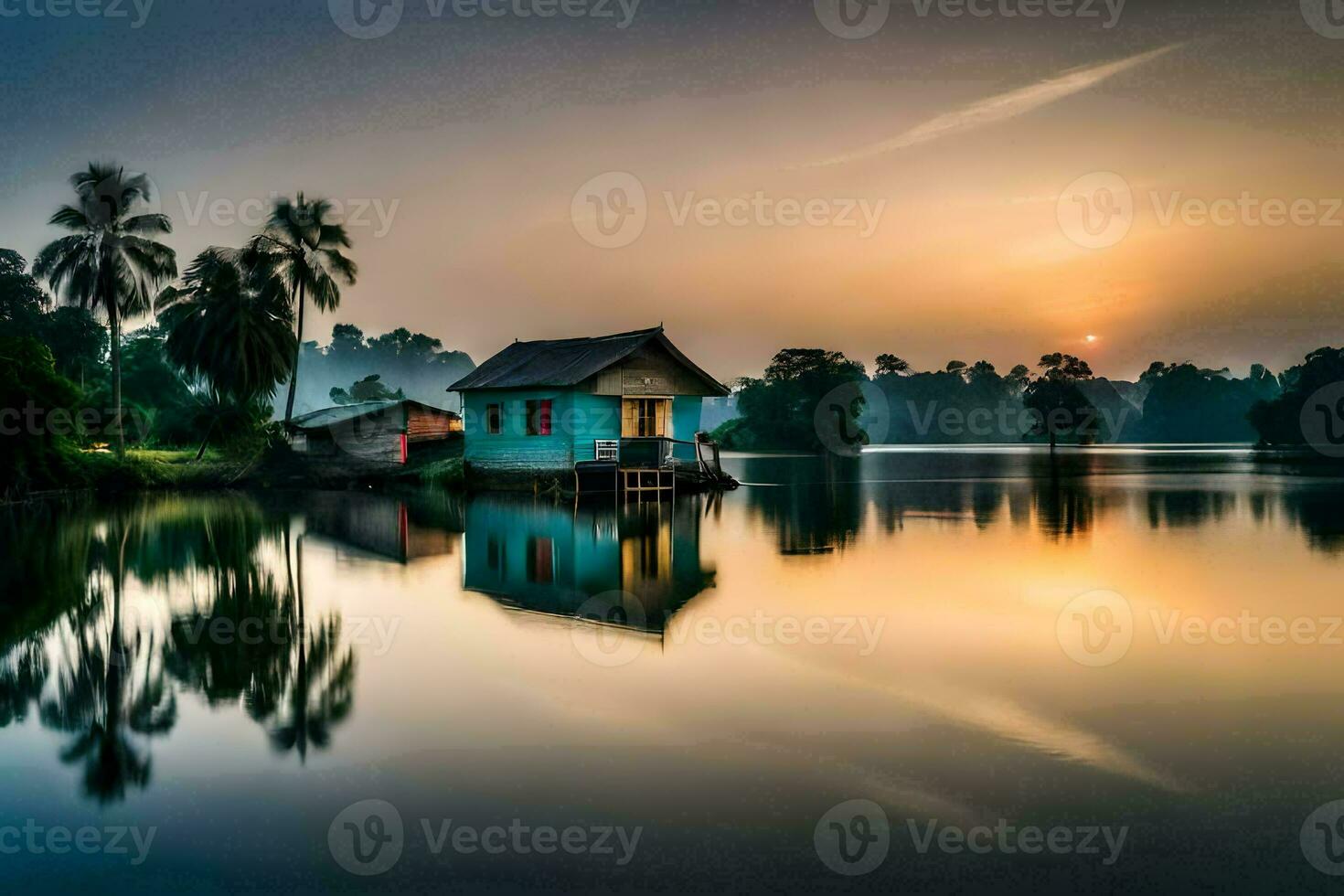 a small house sits on the shore of a lake at sunset. AI-Generated photo