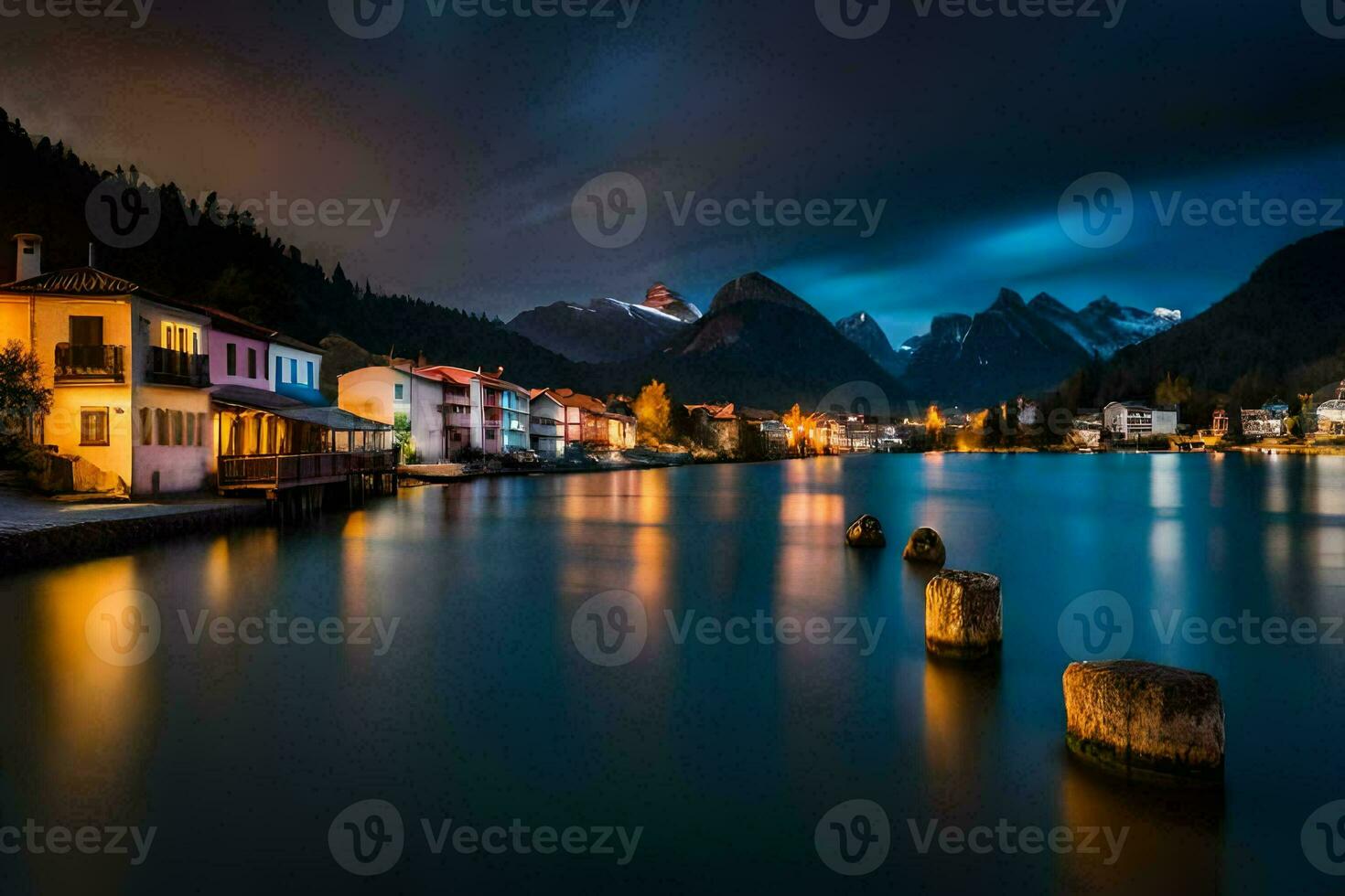 un lago y casas a noche en el montañas. generado por ai foto