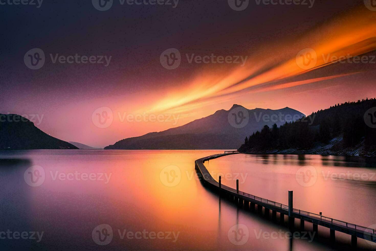 a long pier with a lake and mountains in the background. AI-Generated photo