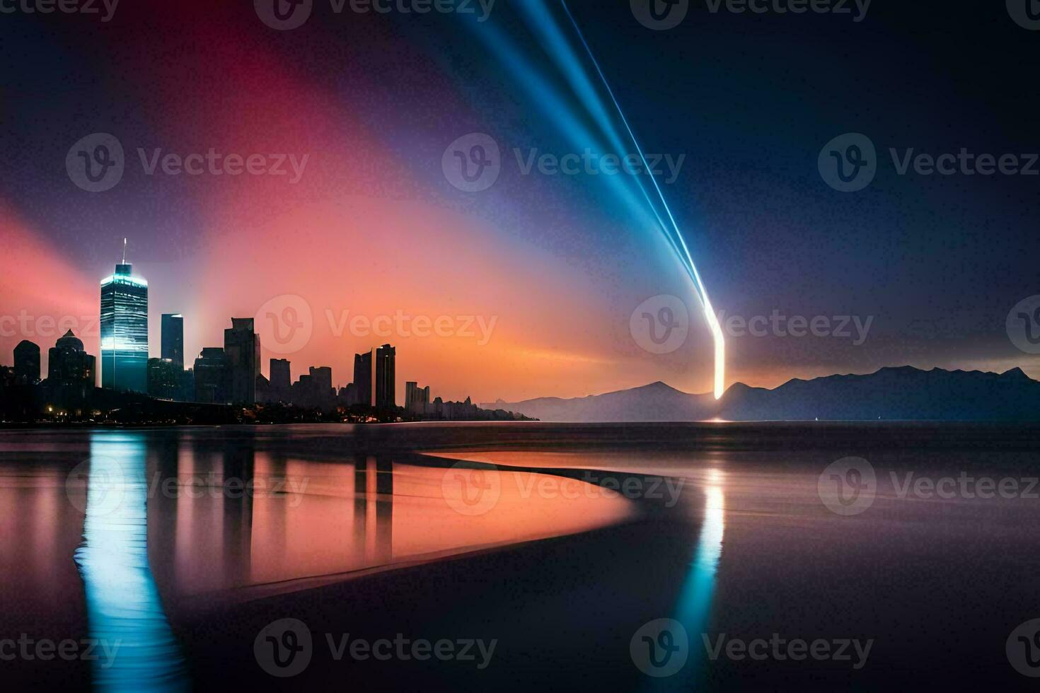 a city skyline is reflected in the water. AI-Generated photo