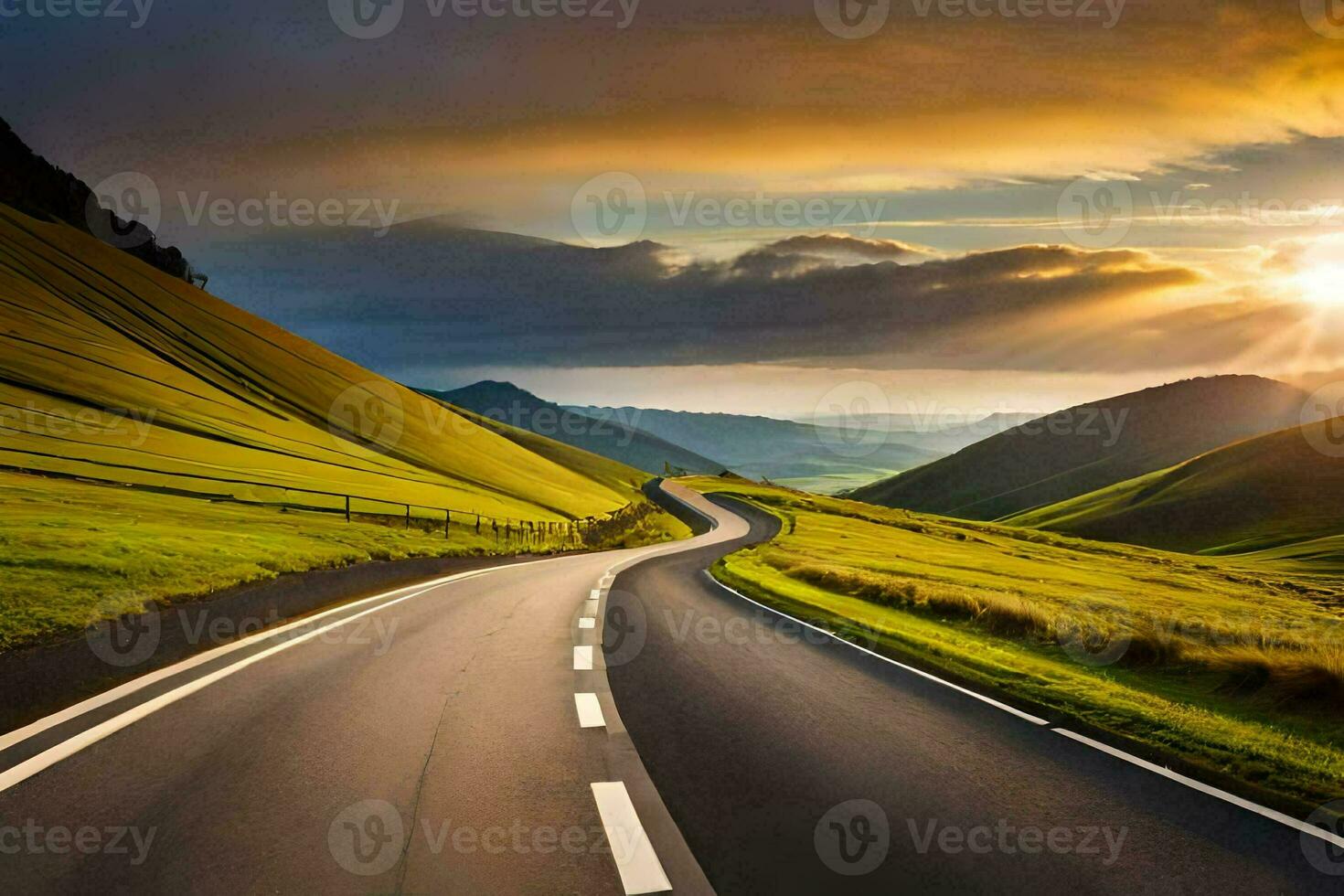 a road in the mountains with the sun setting. AI-Generated photo