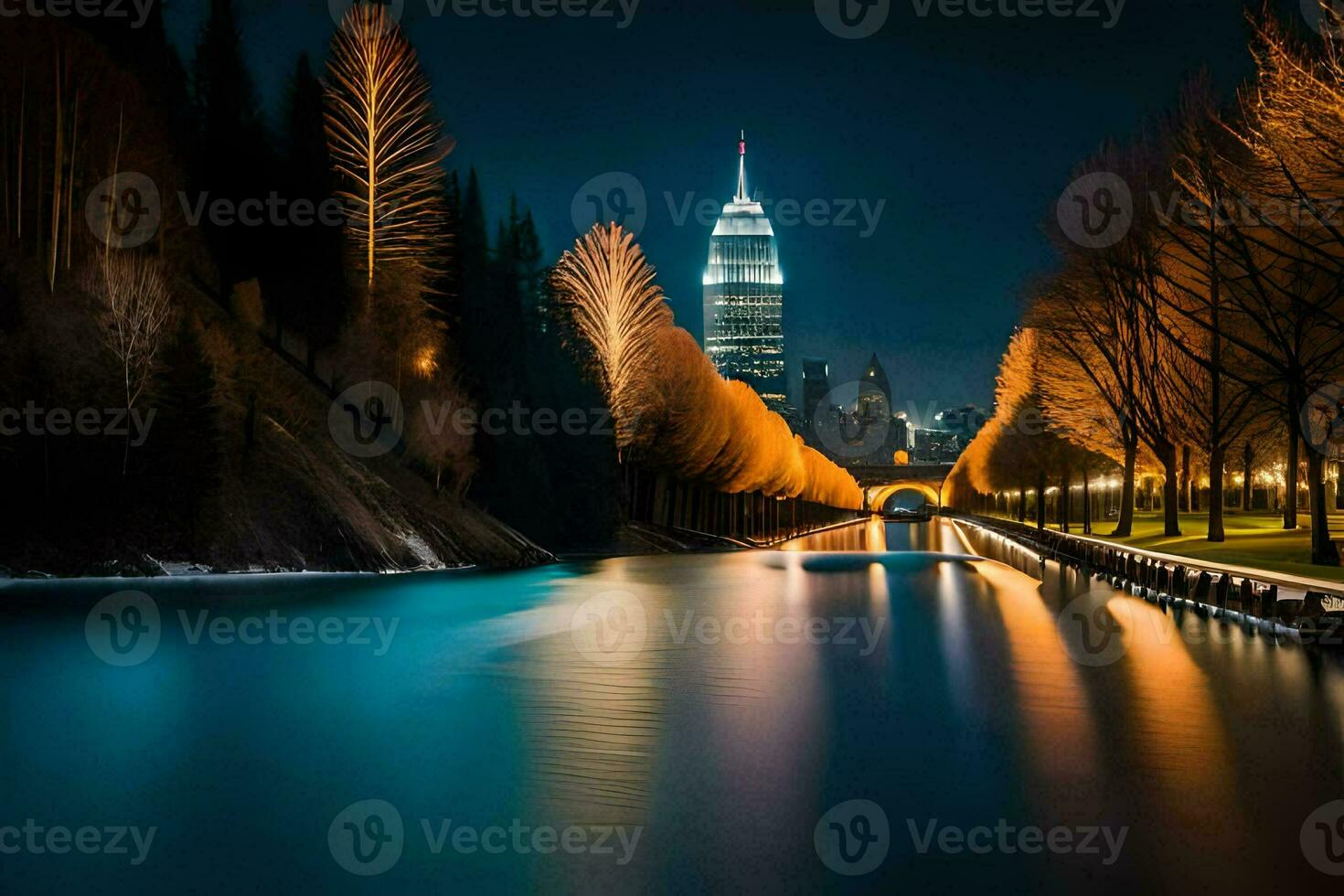 un río con arboles y luces en el antecedentes. generado por ai foto