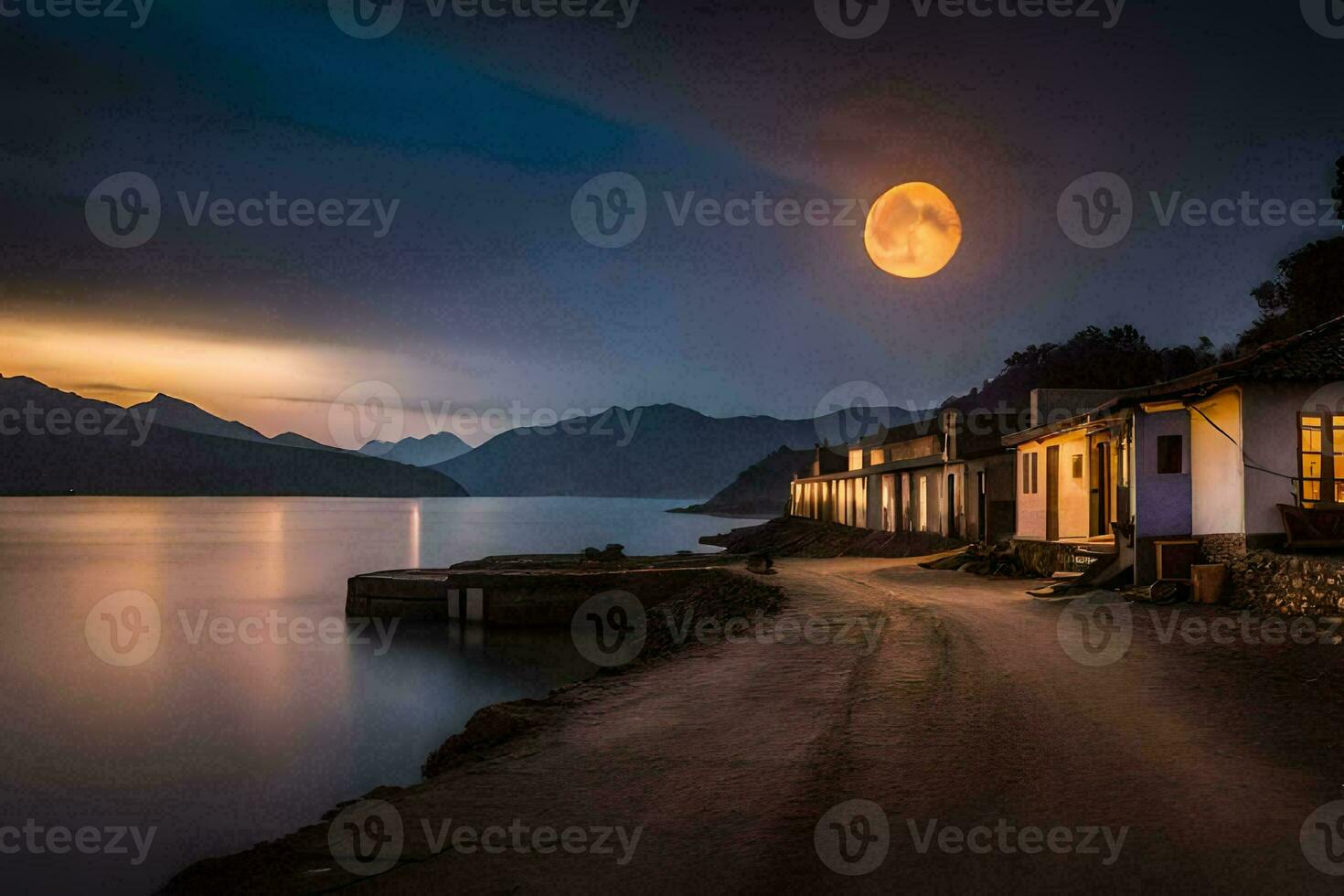 a full moon rises over a lake and houses. AI-Generated photo