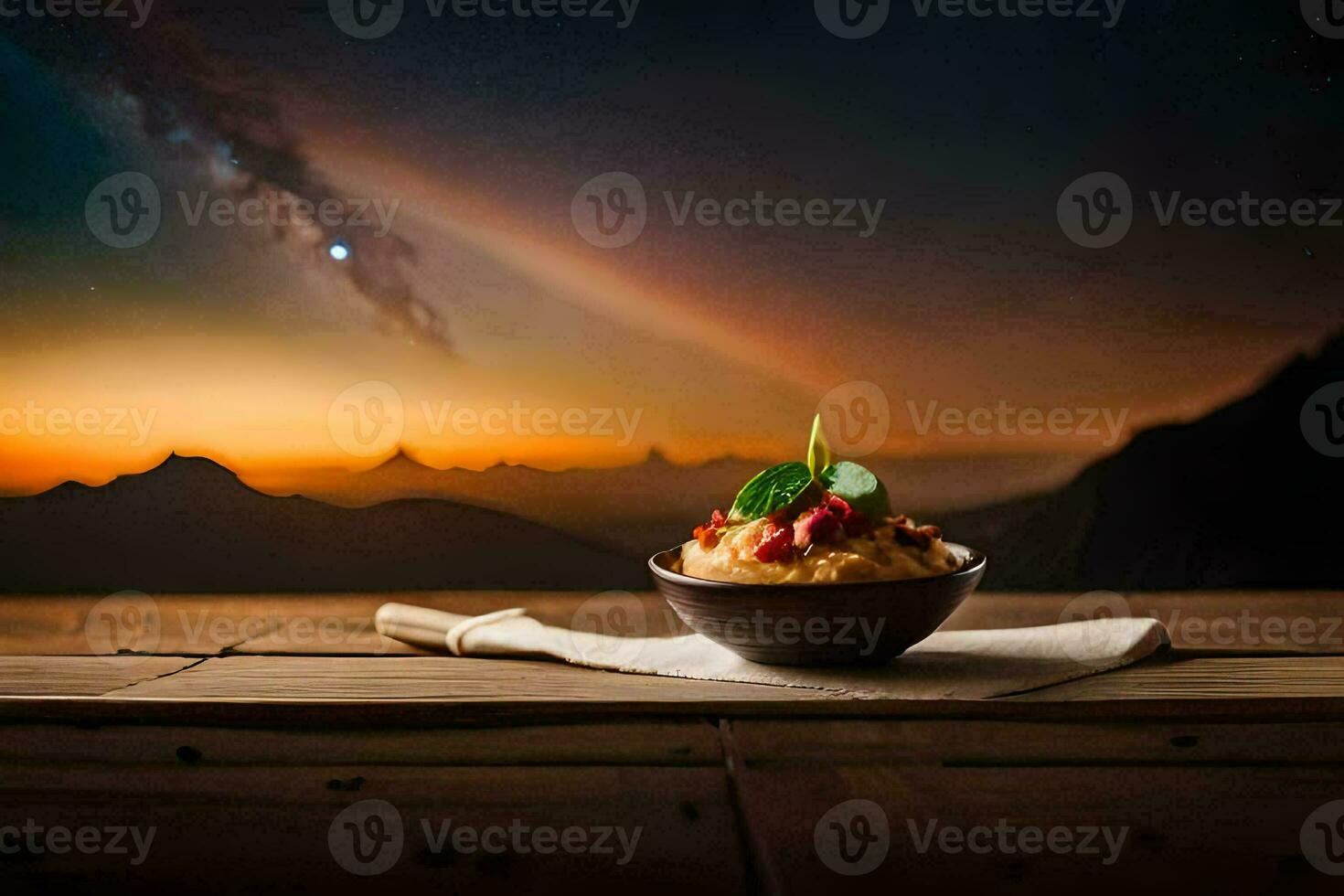 the bowl of food is on a wooden table with a mountain in the background. AI-Generated photo