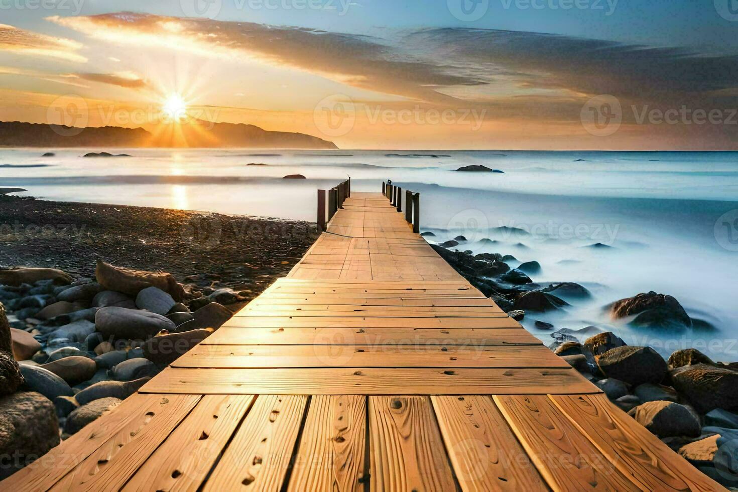 a wooden bridge leads to the ocean at sunset. AI-Generated photo