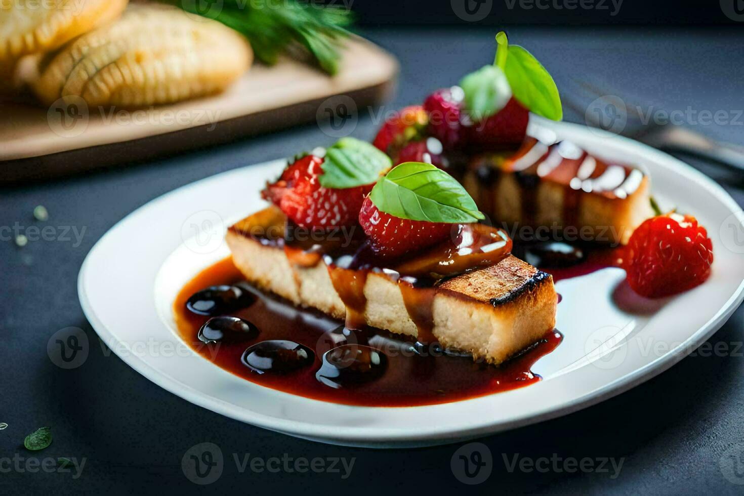 a plate with a slice of tofu and strawberries. AI-Generated photo