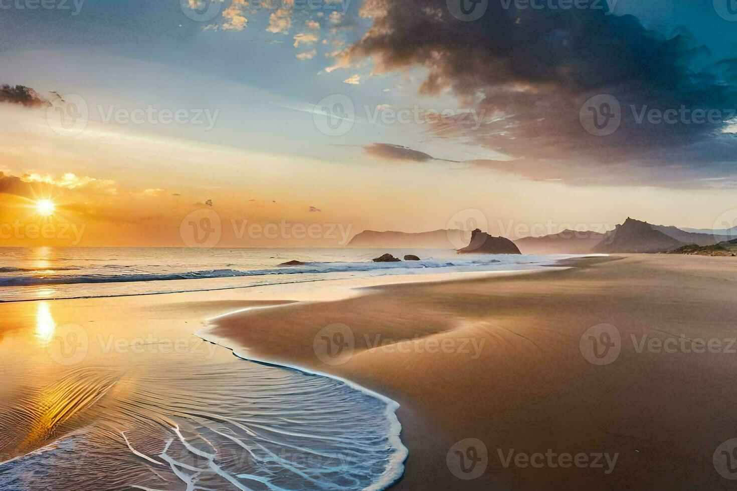 the sun sets on the beach in the background. AI-Generated photo