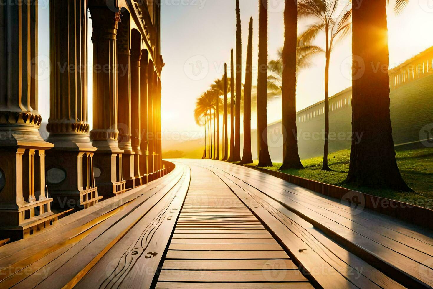 a long wooden walkway with palm trees in the background. AI-Generated photo