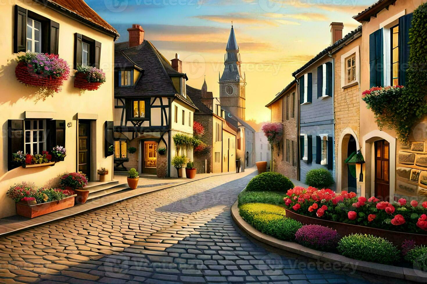 a street in europe with flowers and buildings. AI-Generated photo