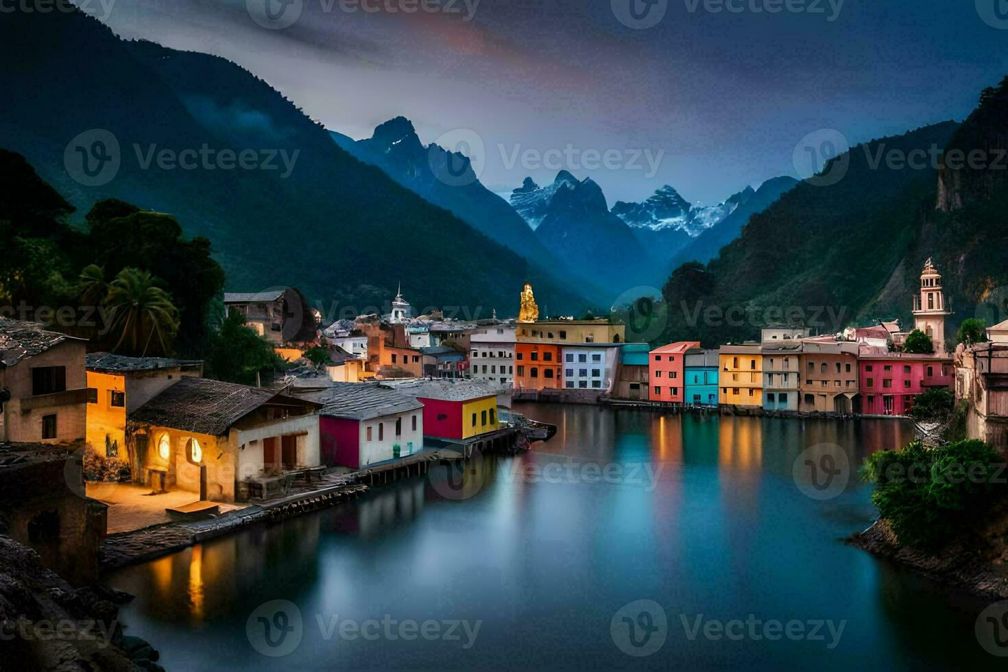 un río y un pueblo en el montañas. generado por ai foto