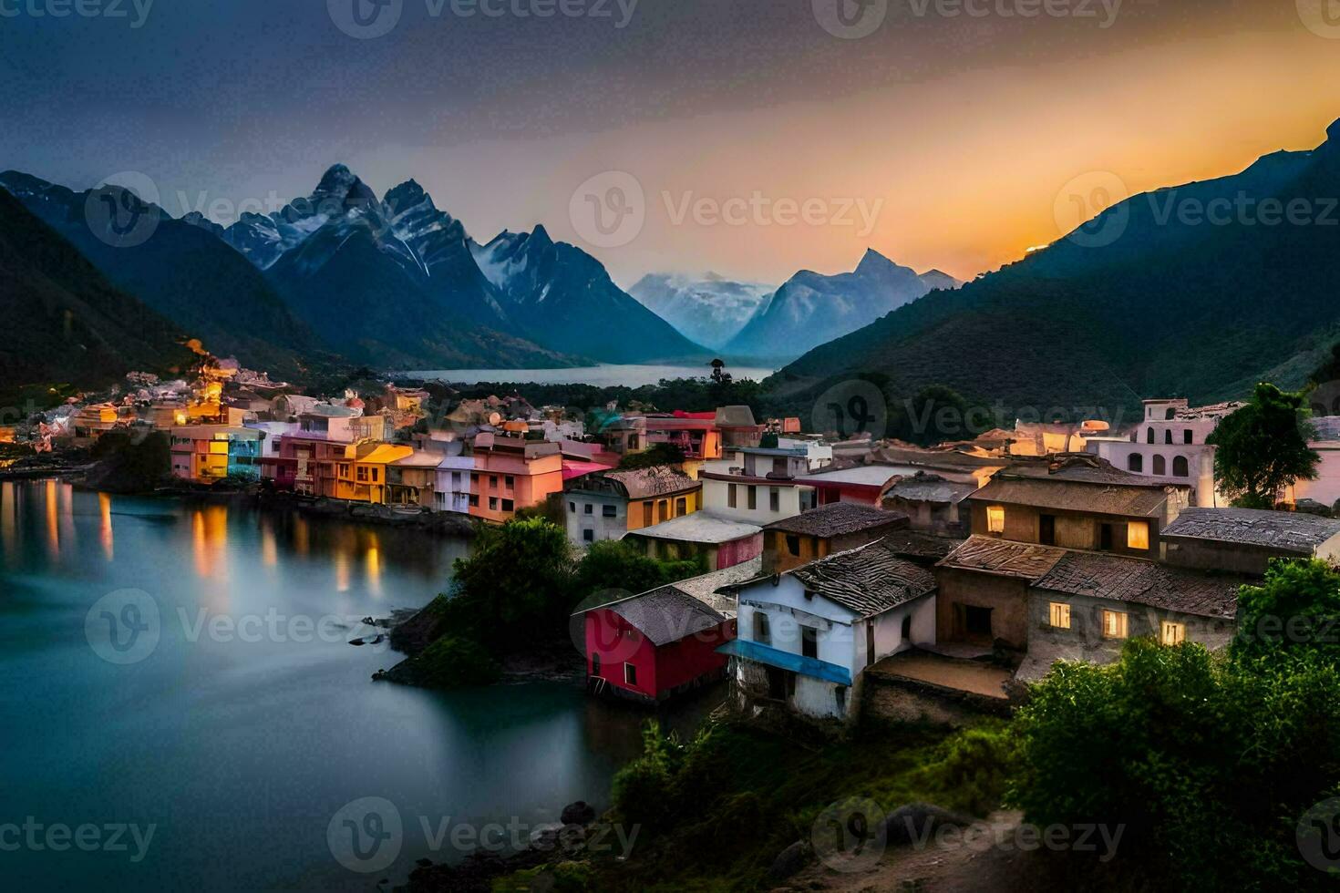 a town sits on the edge of a lake at sunset. AI-Generated photo