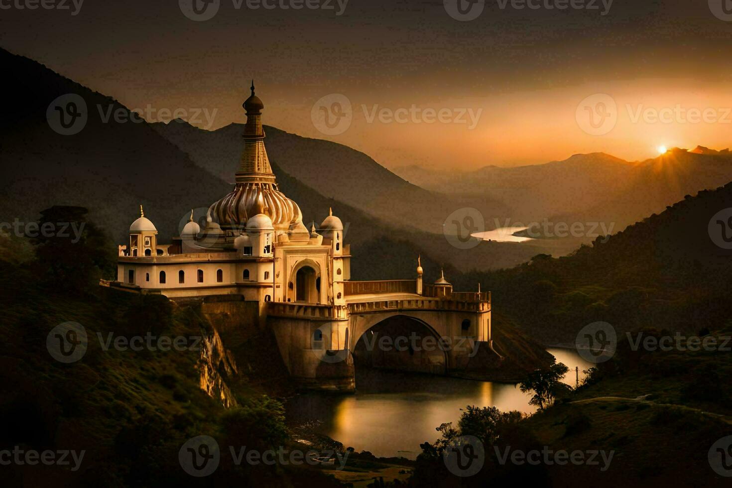 the sun sets over a beautiful castle in the mountains. AI-Generated photo