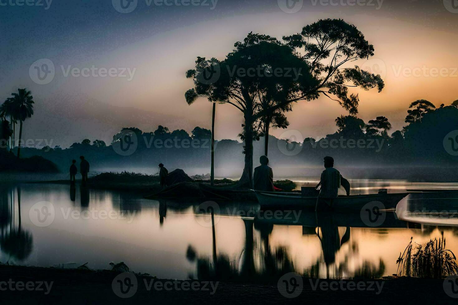 people in a boat on a lake at sunrise. AI-Generated photo