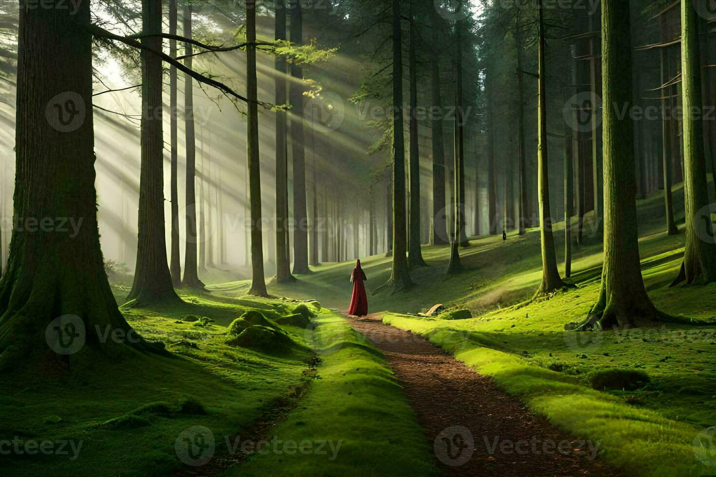 a red cloak is walking down a path in the forest. AI-Generated photo