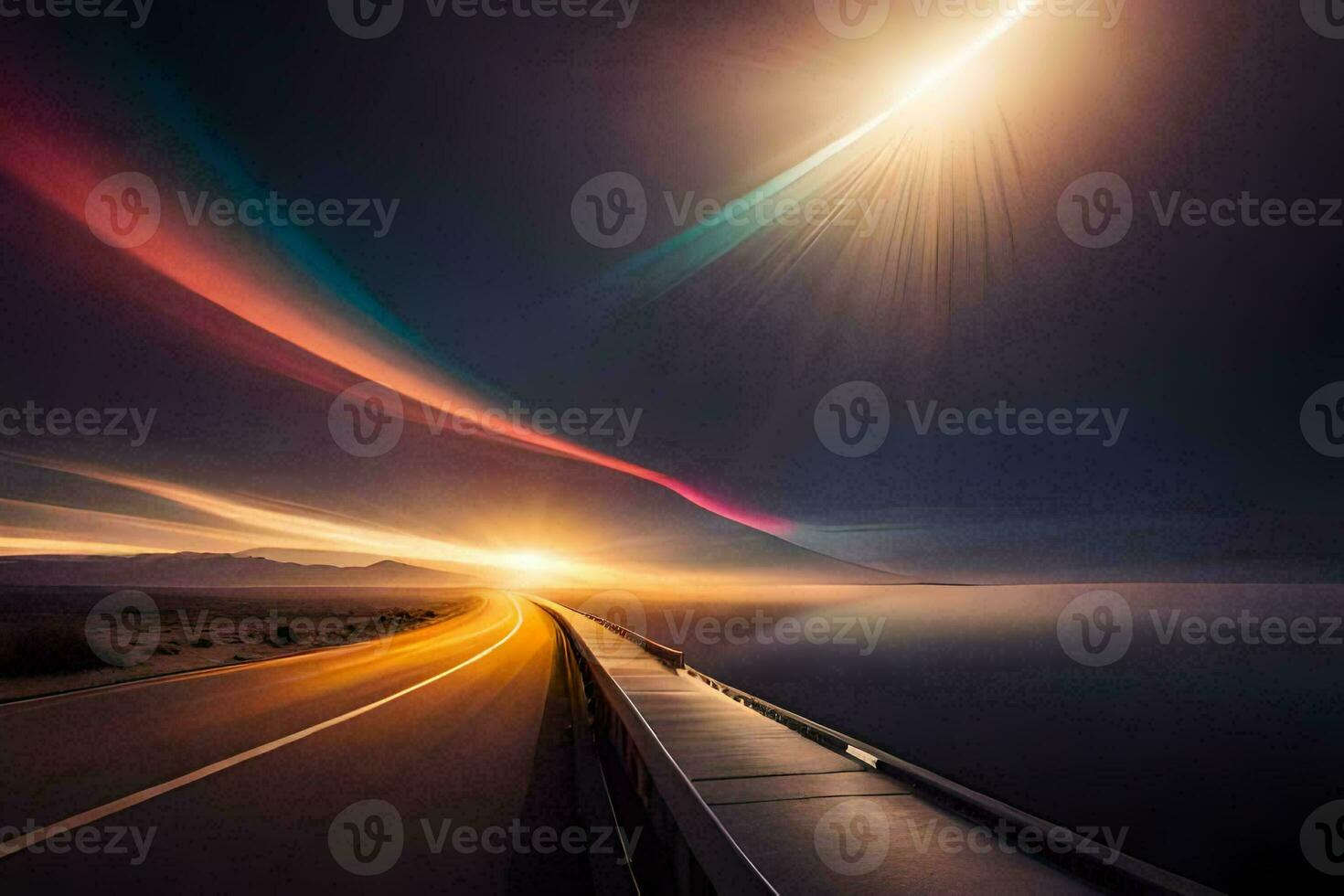 a long exposure photograph of a road and a bright light. AI-Generated photo