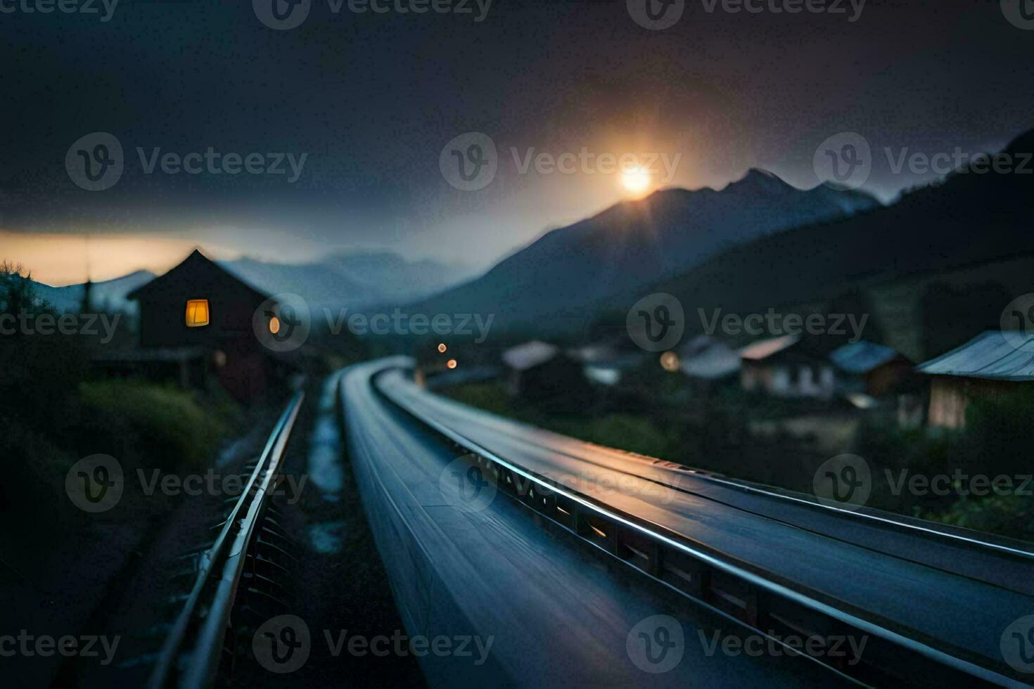 a train tracks in the mountains at night. AI-Generated photo