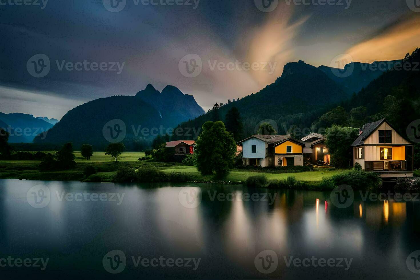 foto fondo de pantalla el cielo, montañas, lago, casa, el montañas, el lago, el montañas. generado por ai