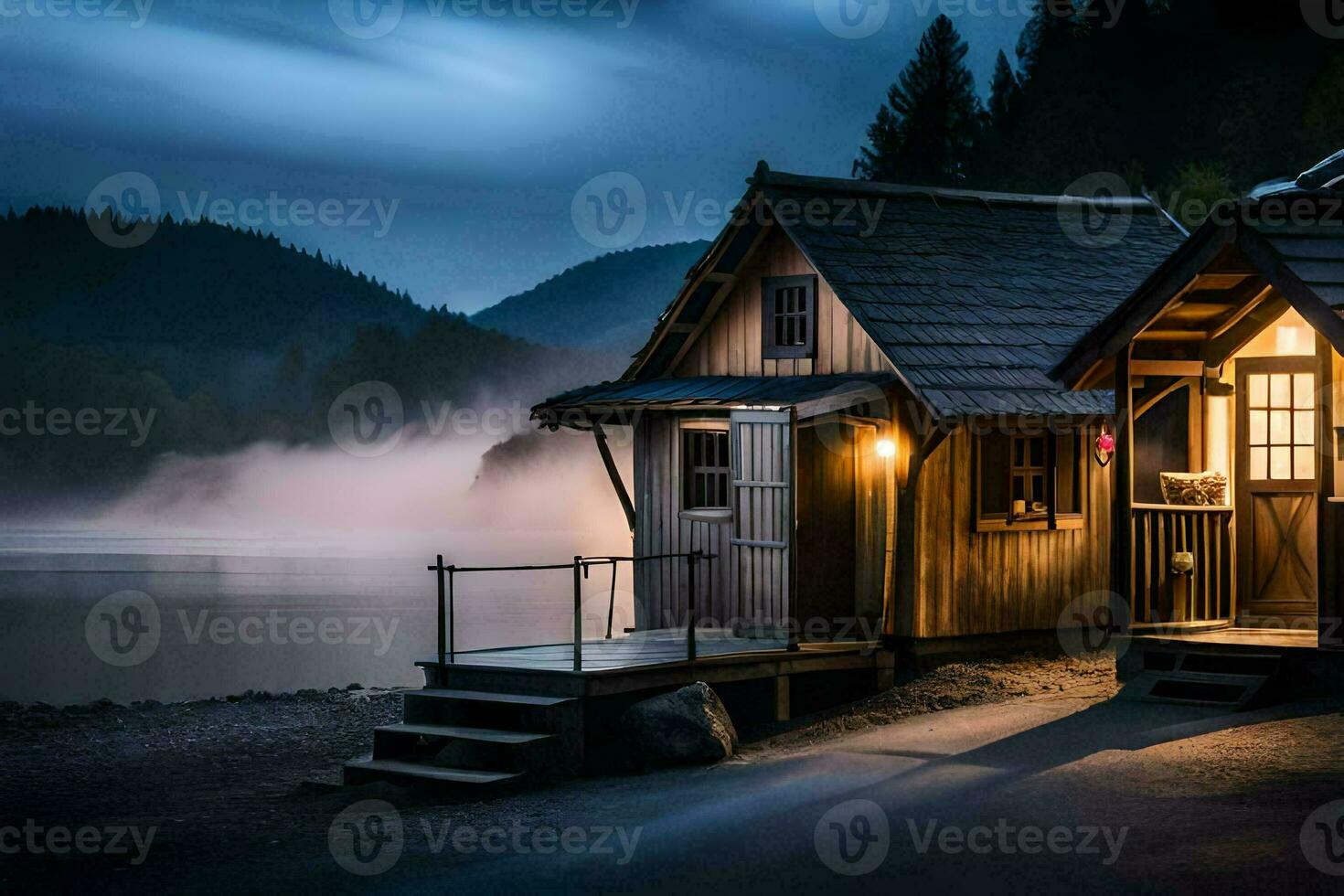 two wooden houses sit on the shore of a lake at night. AI-Generated photo