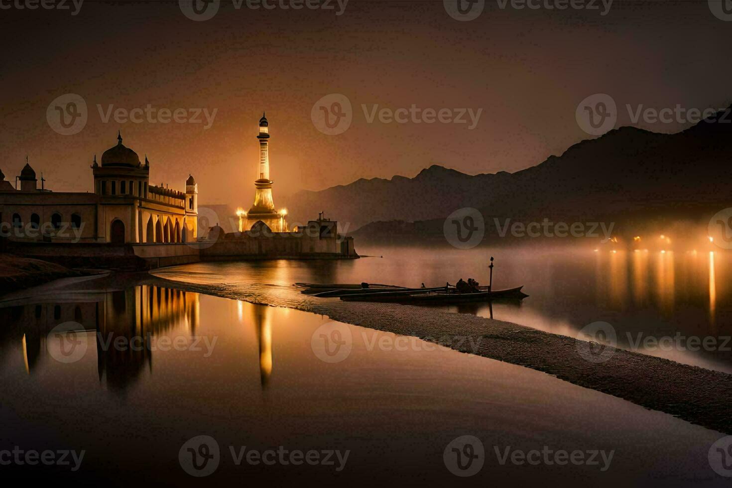 a mosque in the middle of a lake at night. AI-Generated photo