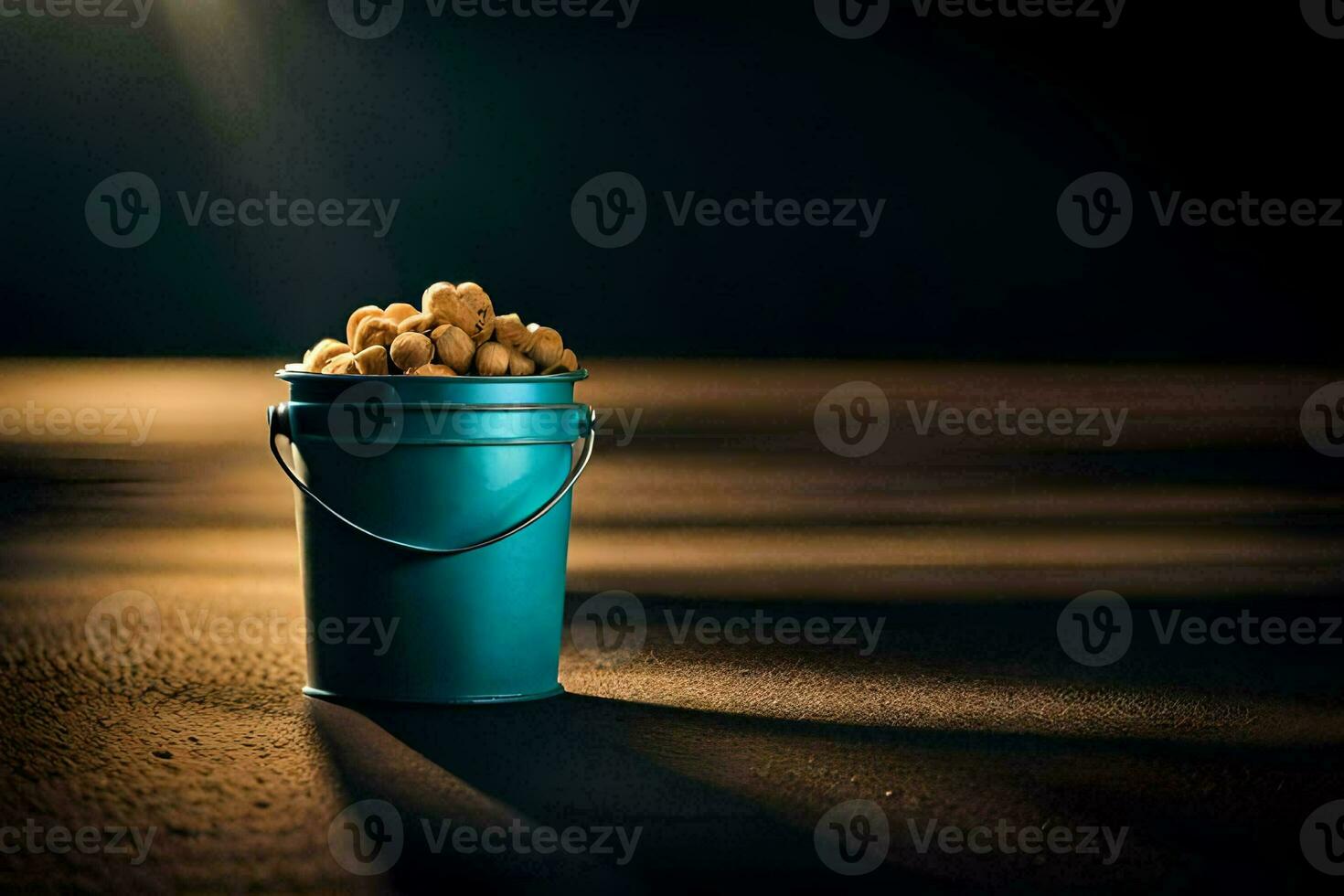 a bucket of peanuts on a dark surface. AI-Generated photo