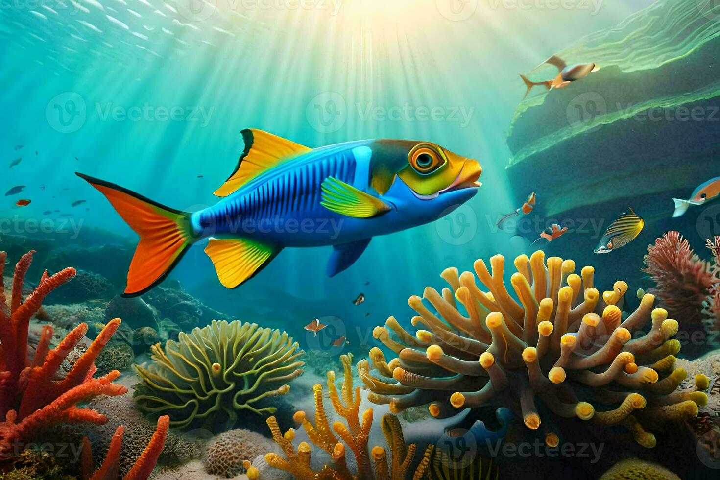 a fish swimming in the ocean with coral reefs. AI-Generated photo