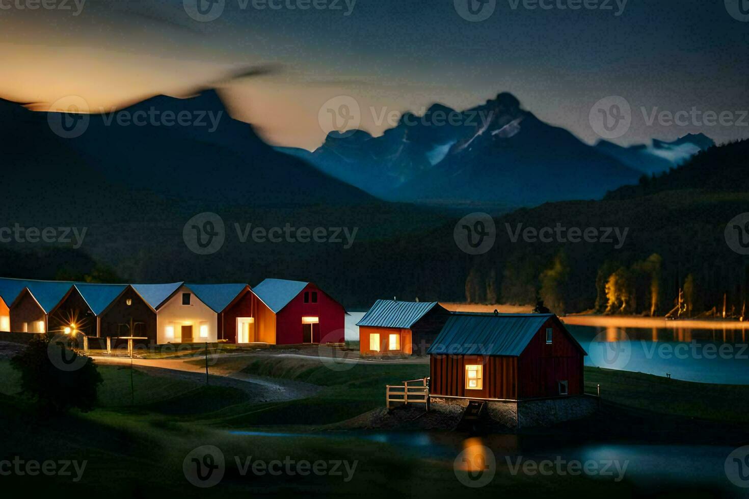a small village with red houses by a lake. AI-Generated photo