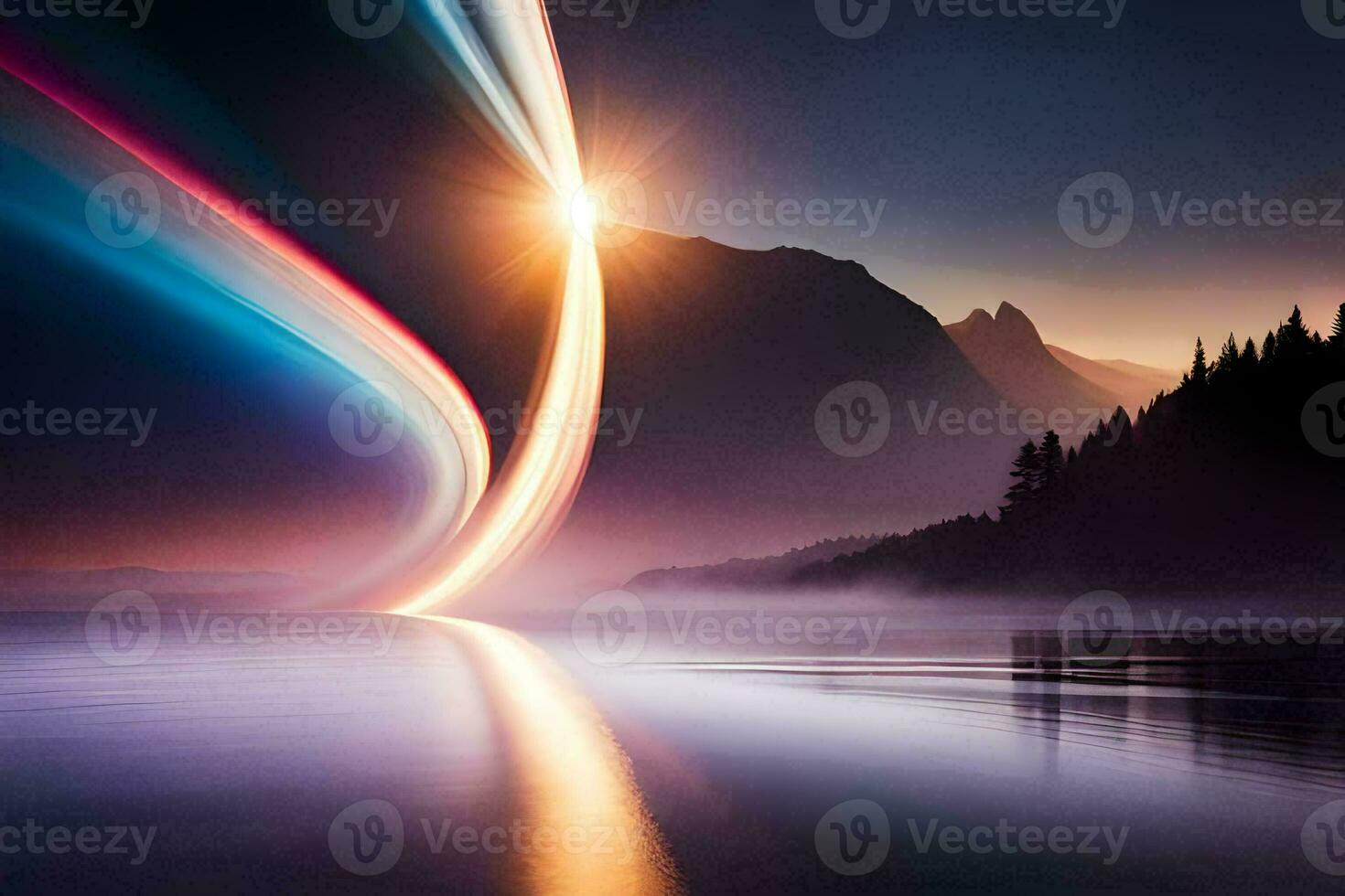 a long exposure photograph of a mountain and a river. AI-Generated photo