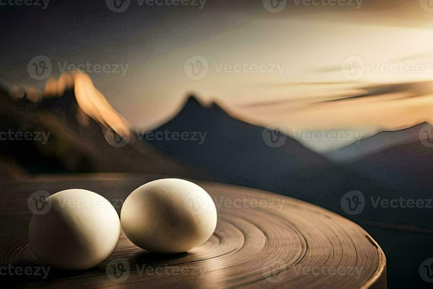 two eggs on a table in front of mountains. AI-Generated photo