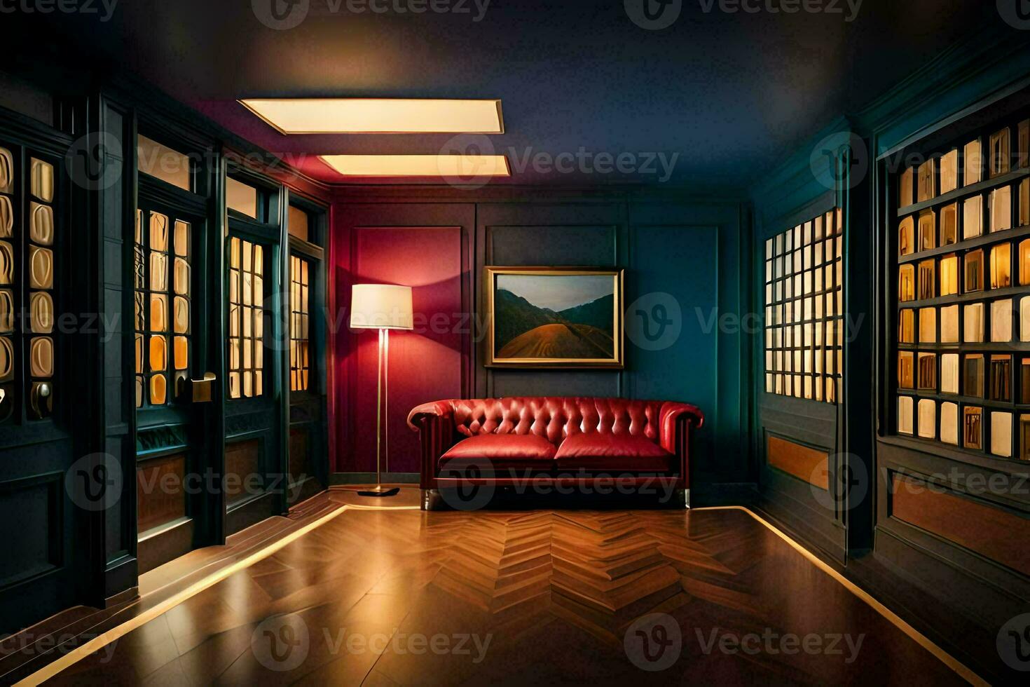 a room with blue walls and red leather couch. AI-Generated photo