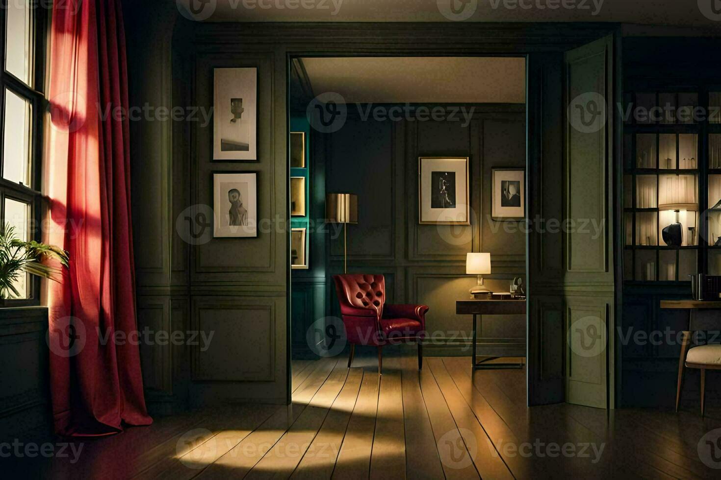 a room with a red chair and bookshelf. AI-Generated photo