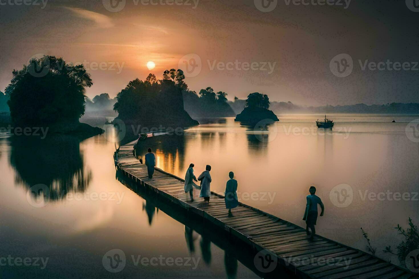 people walking on a wooden pier at sunrise. AI-Generated photo