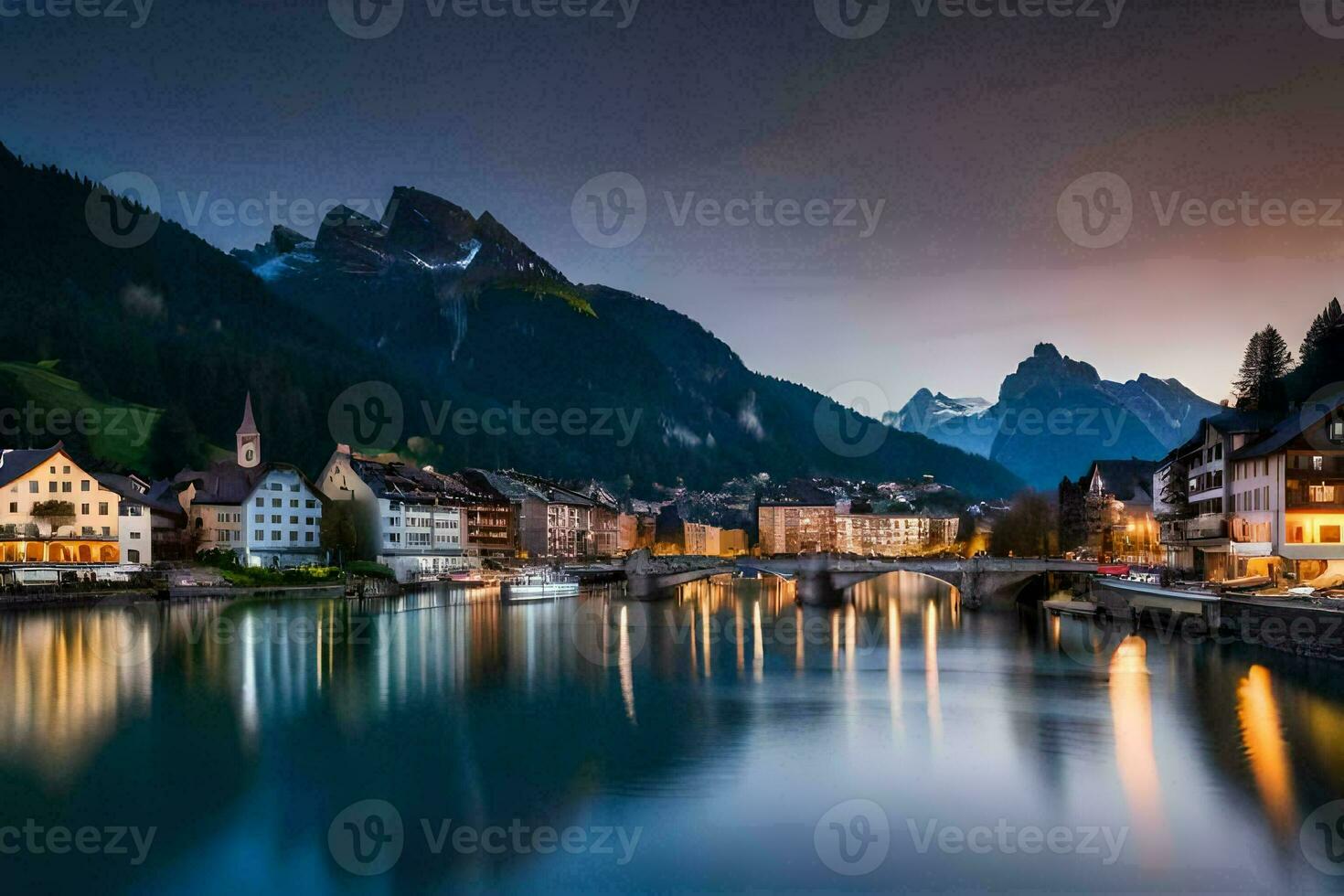 the town of switzerland is lit up at night. AI-Generated photo