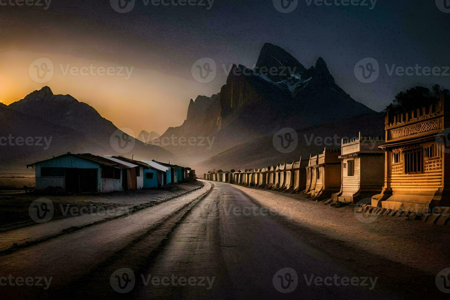 a road in front of a mountain range with houses. AI-Generated photo