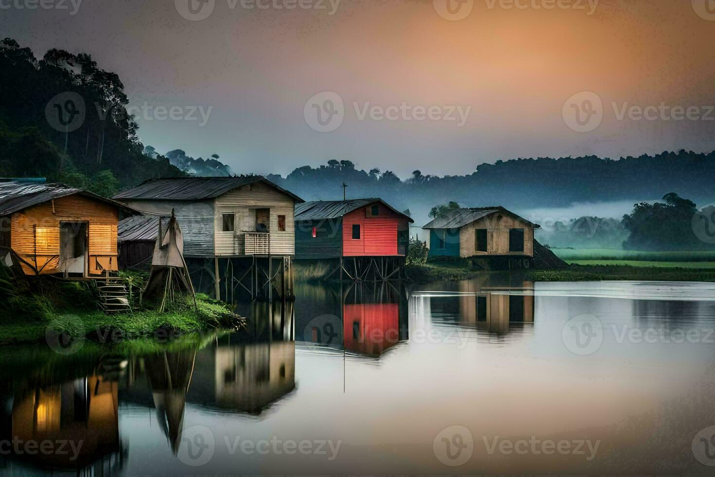 houses on the water at sunrise. AI-Generated photo