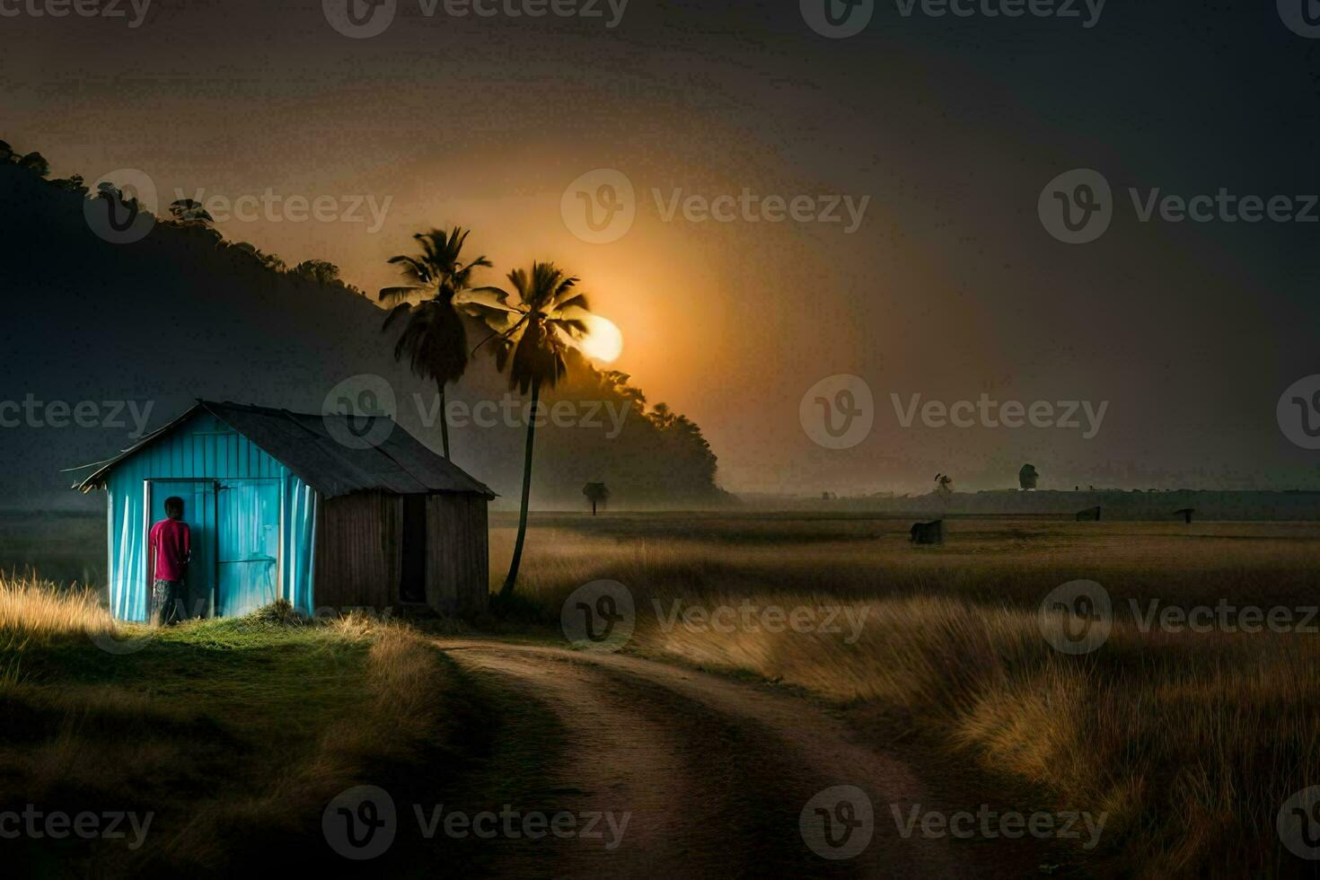 the sun sets over a hut in the middle of a field. AI-Generated photo