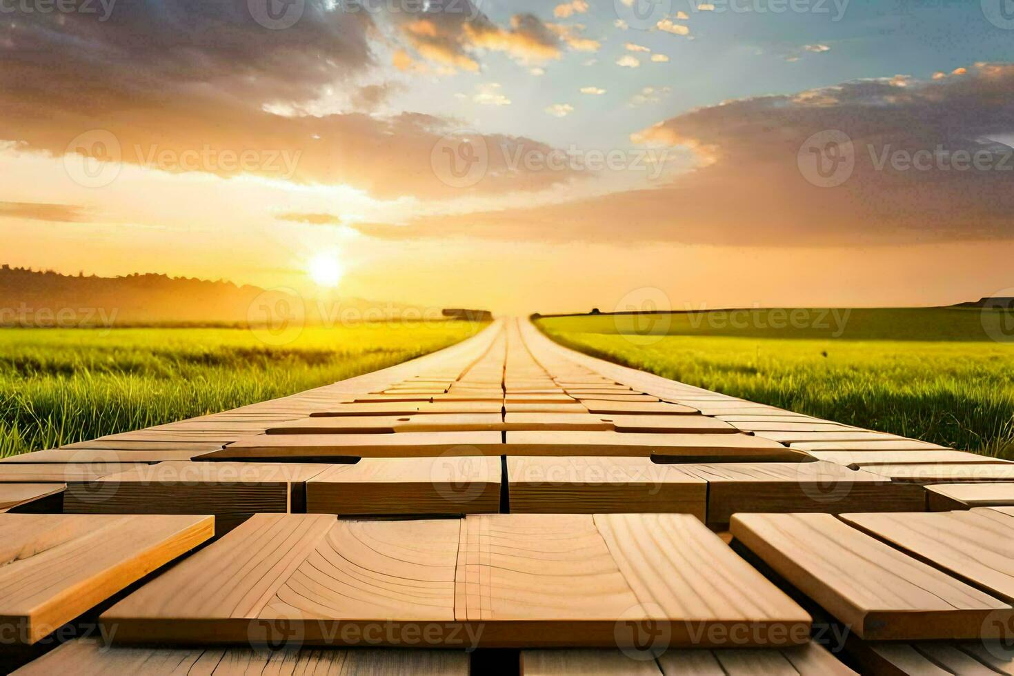 a wooden path leads to the sun. AI-Generated photo
