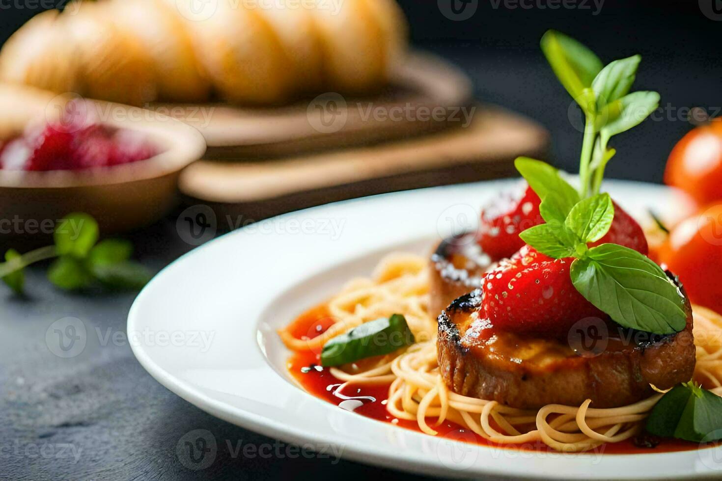 a plate of food with meat, tomatoes and spaghetti. AI-Generated photo