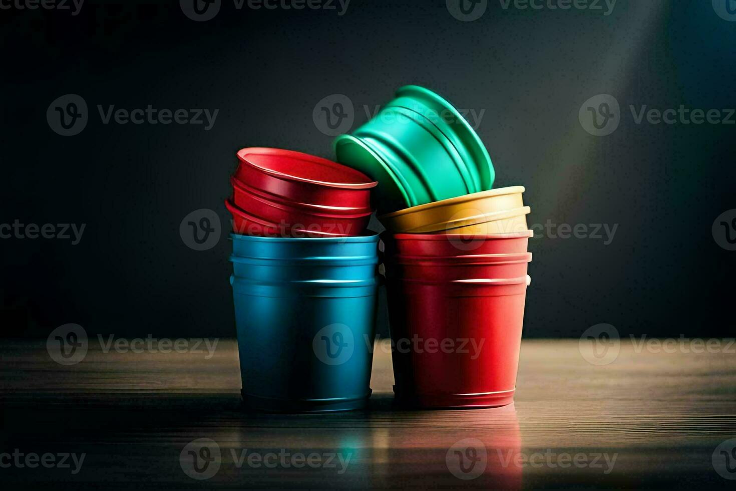 a stack of colorful plastic cups on a wooden table. AI-Generated photo